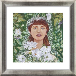 Floral portrait Daria with cosmos and baby breath. Girl portrait, botanical portraits, acrylic illustration, color pencil portrait.