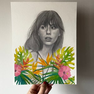 Laura Cartier with flowers. Floral graphite watercolor.