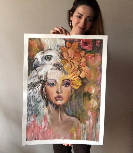 ハクトウワシの油絵：女性の肖像画、ポップアート風ファッション壁飾り