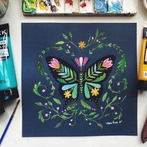 Butterfly illustration folk original. Botanical butterfly art, floral art, floral butterfly, whimsical painting,