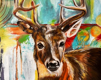 Deer painting. THE COMPANION, deer original oil painting.