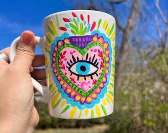 Hand Painted Ceramic Coffee Mug, Folk Art Heart with Eye, Handmade Gift