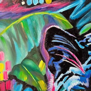 May include: Abstract painting with vibrant colors, including blue, green, pink, and yellow. The painting features bold brushstrokes and a dynamic composition.