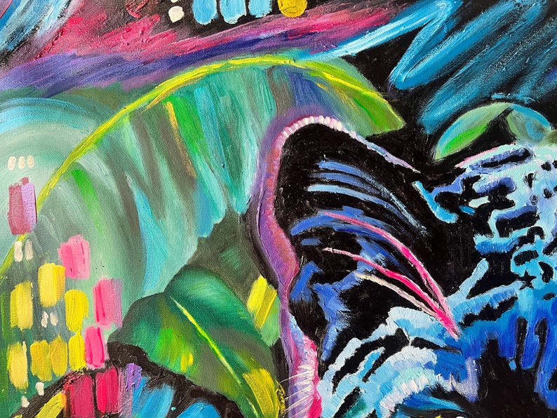 May include: Abstract painting with vibrant colors, including blue, green, pink, and yellow. The painting features bold brushstrokes and a dynamic composition.