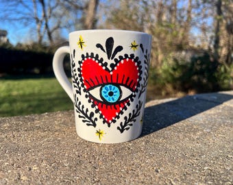 Hand-Painted Ceramic Mug, Folk Art Heart, Handmade Gift