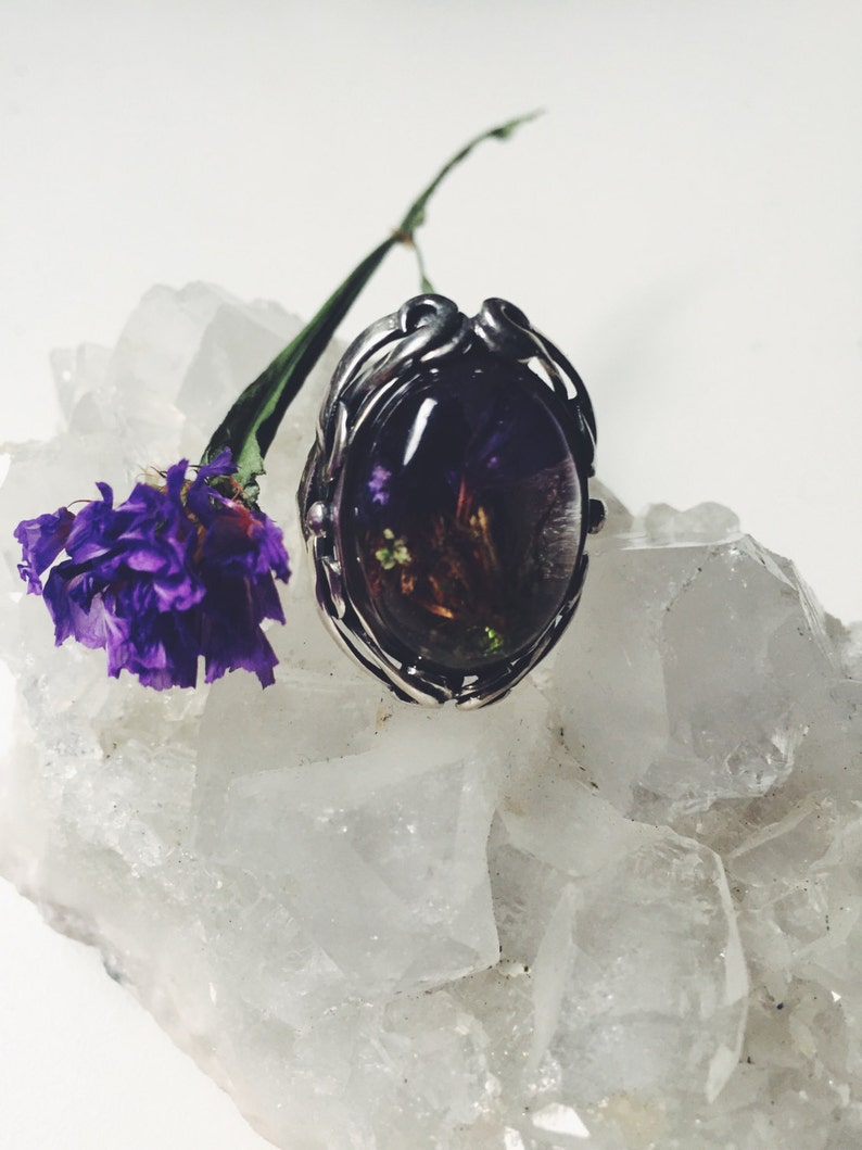 mexican silver Mexican silver 925 ring with real Statice flowers and Queen Anne/'s lace silver 925 ring with flowers botanical ring