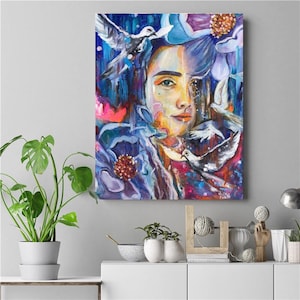 Pintura de palomas. Pintura al óleo "Momento de paz". Retrato de palomas, flores y niña. Pintura botánica al óleo.