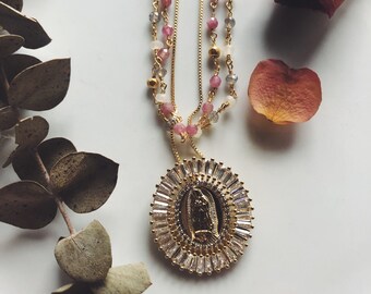 Virgen of Guadalupe necklace with natural stones. Our lady of Guadalupe necklace, Guadalupe pendant, Holly Mary pendant