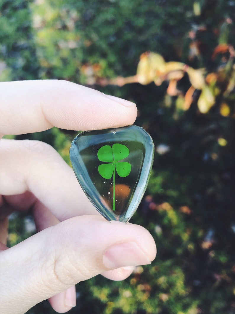 Guitar pick CHARM made with natural 4 leaf clover, music lover, guitar player, guitar accessories, music accessories, music, musician small clover