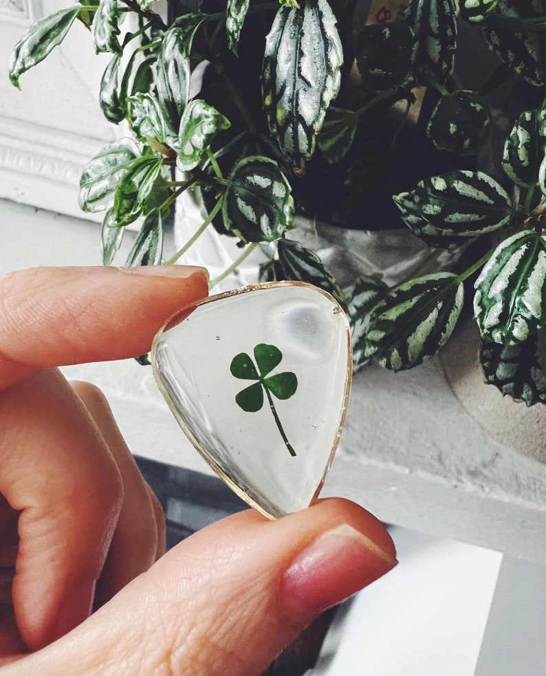 Guitar pick CHARM made with natural 4 leaf clover, music lover, guitar player, guitar accessories, music accessories, music, musician image 2