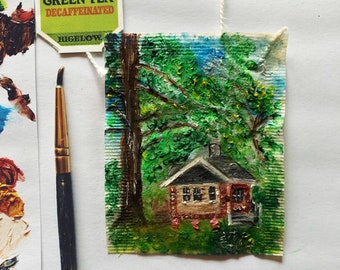 Des Moines Home 1130 miniature oil painting on green tea bag framed.