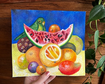 Frida Kahlo Still life with parrot and fruit (study) hand painted with acrylics.