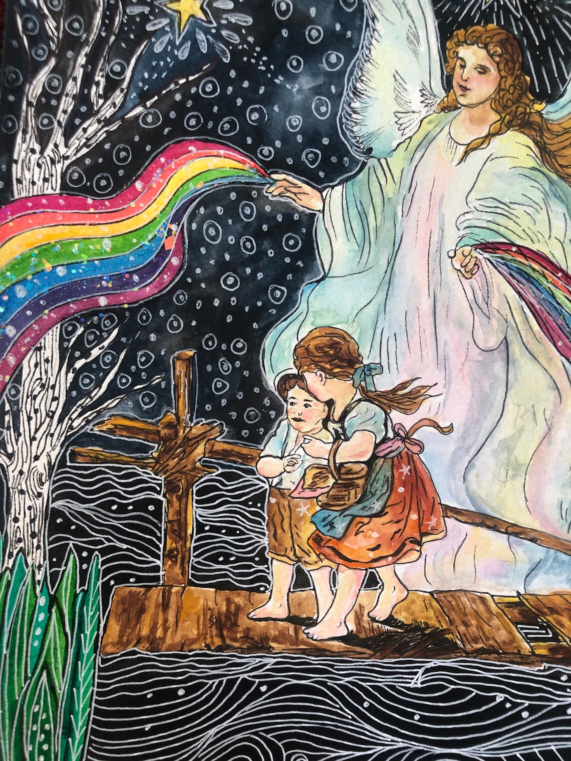 Ángel de la Guarda con niños en el puente Fine Art Print Etsy España