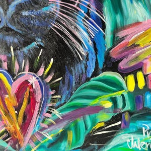 May include: Abstract painting with a large heart in the center, surrounded by bright colors and brushstrokes. The heart is painted in shades of pink, red, yellow, and orange. The background is a dark blue and green with white accents. The artist's signature, "Prioto Valencia", is visible in the bottom right corner.