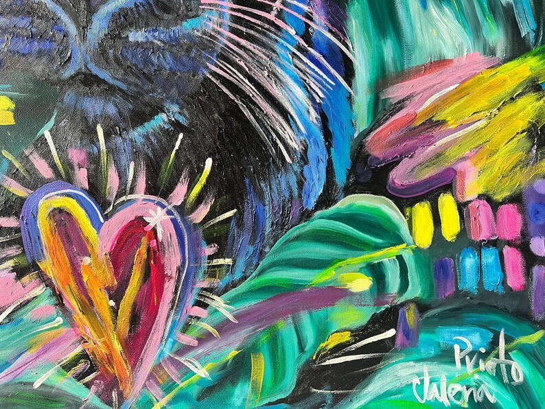 May include: Abstract painting with a large heart in the center, surrounded by bright colors and brushstrokes. The heart is painted in shades of pink, red, yellow, and orange. The background is a dark blue and green with white accents. The artist's signature, "Prioto Valencia", is visible in the bottom right corner.