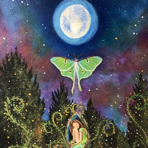 Luna, embellished print. Luna moth illustration, fantasy illustration, surreal illustration.