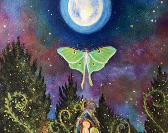 Luna, embellished print. Luna moth illustration, fantasy illustration, surreal illustration.