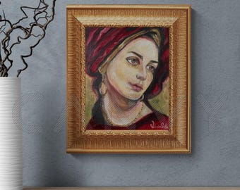 赤いターバンを巻いた女性：オリジナル油絵、女性の肖像画、ビンテージ