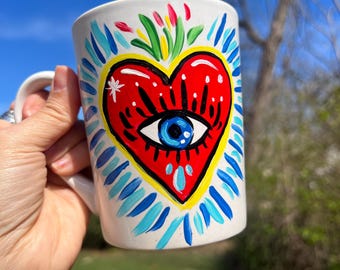Hand-Painted Ceramic Heart Mug: Folk Art Gift