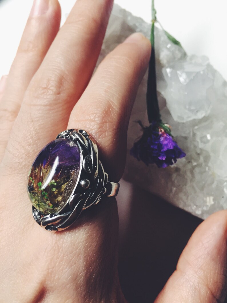 mexican silver Mexican silver 925 ring with real Statice flowers and Queen Anne/'s lace silver 925 ring with flowers botanical ring