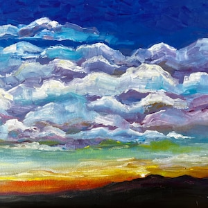 Clouds Oil Painting 8x10&quot;: Colorful Sunset Landscape Wall Art