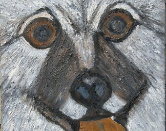 Pode incluir: Uma pintura em close-up do rosto de um cão. O cão tem pêlo branco, olhos castanhos e nariz preto. O cão é pintado em um estilo texturizado, com pinceladas grossas.
