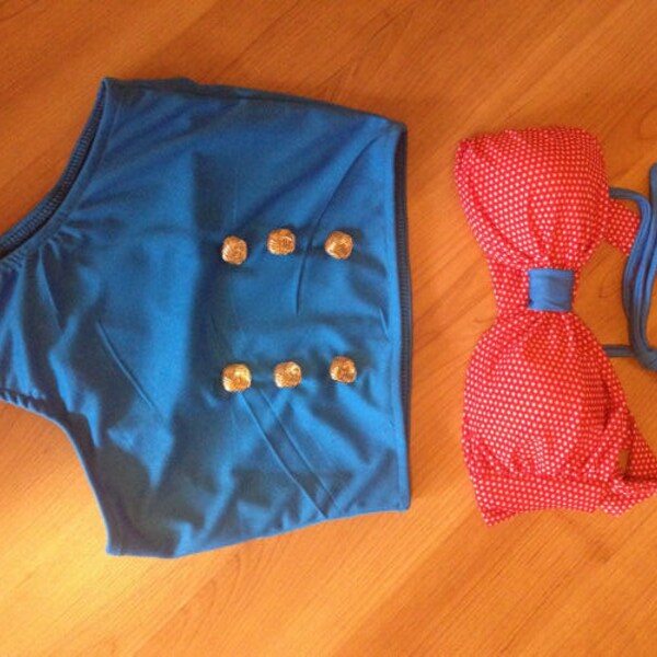 Ingrid Retro High Waist Swimsuit (Red Polka Dot Top and Royal Blue Bottom) S, M