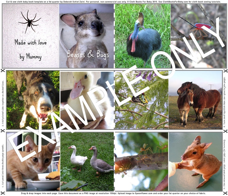 May include: A printable cloth book template for babies featuring a variety of animals and insects. The template includes images of a spider, a kangaroo, a cassowary, a duckling, a dog, a cat, a goose, ants, a horse, and a butterfly. The text "Made with love by Mummy" and "Beasts & Bugs" are also included.