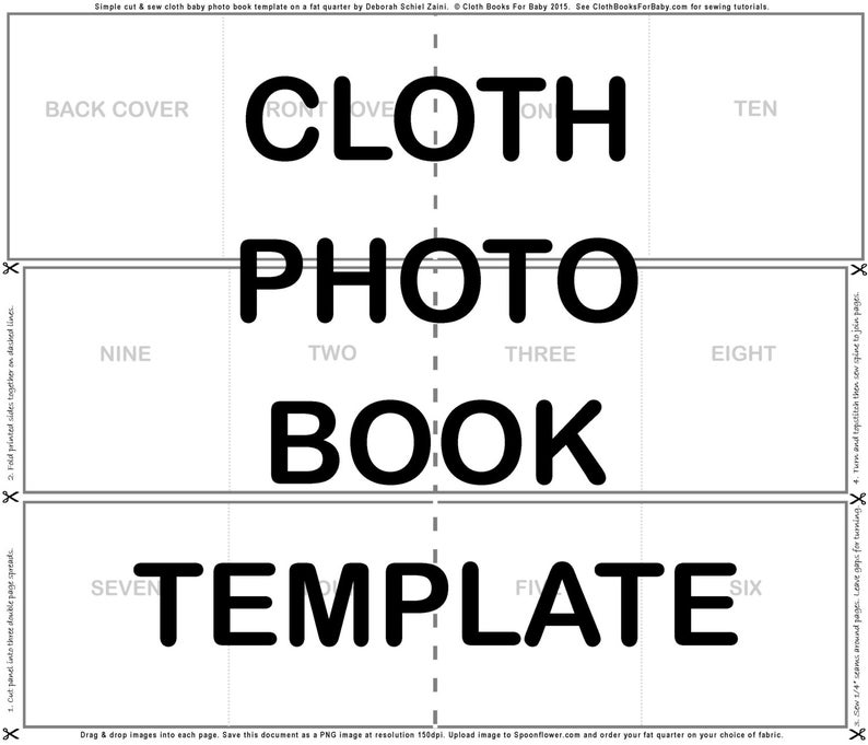 May include: A black and white printable template for a cloth photo book. The template is divided into ten sections, labelled with numbers one through ten. The words "Cloth Photo Book Template" are printed in bold, black letters.