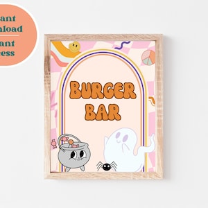 Burger Bar Printable Sign, Food Table Printable Sign, Halloween Costume Party Printables, Retro Halloween