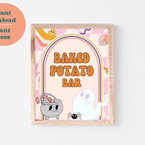 Baked Potato Bar Printable Sign, Halloween Party Food Buffet Sign, Retro Halloween Decor, Printable Party Sign