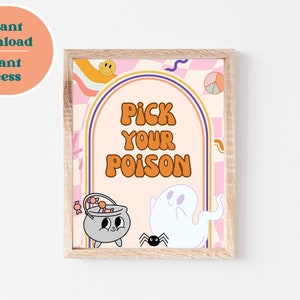 Pick Your Poison Printable Sign, Halloween Costume Party Printable Decor, Retro Halloween
