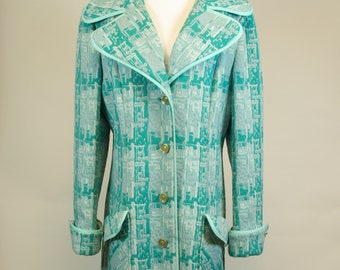 Aqua Lilli Ann Coat Big Flappy Collar Abstract Weave M - L