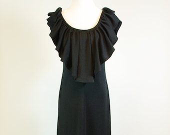 Jet Black 70s Maxidress Ruffled Butterfly Yoke Front & Back Sleeveless Shoulder Ties