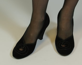 Black 1940s Babydoll Peeptop Round Toe Pinup Nubuck Suede Shoes Size 7 US 4.5 UK 37.5 EUR