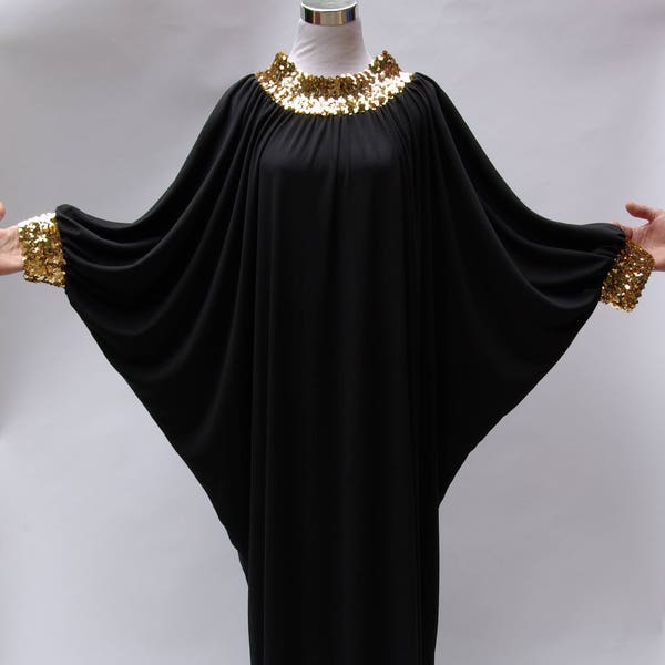 Black with Gold Sequins Plus Size Caftan Maxi Length Sequin Collar & Cuffs