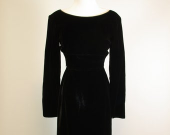 Black Silk Velvet Wiggle Dress Satin Trim Bow Back 25 inch Waist LBD Midcentury Hollywood Regency Cocktail Dress