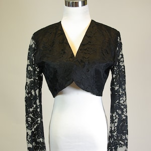 Black Lace Bolero Jacket: 1990s Sheer Sleeve Crop Topper - Hampton Nites
