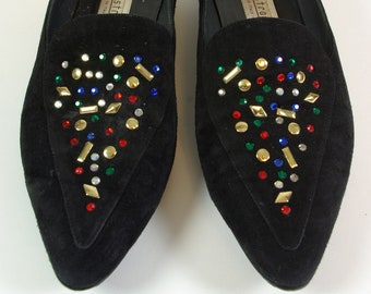 Rhinestone Metal Stud Pointy Toe Black Suede Low Heel Shoes Nordstrom US Size 7.5 UK Size 5 EU Size 38