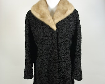 Black Persian Lamb Swing Coat Blonde Mink Collar S - M