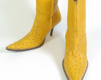 Ostrich Ankle Boots Arango Ochre Tan-Yellow Approx. Women's Size 5.5-6 US/ 3-3.5 UK/ 35-36 EUR