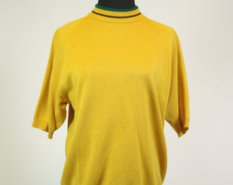 Mustard Yellow Short Sleeve Pullover Striped Mock Neck and Waistband Mod Brady Bunch Unisex Sweater