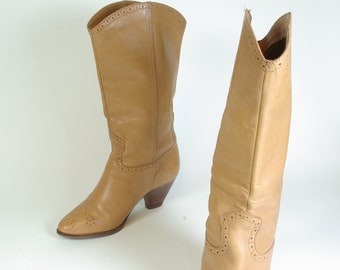 Vintage 80s Leather Cowboy Boots - Tan High Heel, Size 6 US