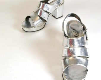 Silver Platform Sandals 70s Hostess Loungewear Size 6 US/3.5 UK/36 EUR