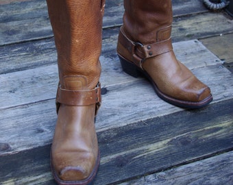 Frye Leather Harness Boots Square Toe Caramel Brown Mens US size 9/UK size 8/EUR size 43