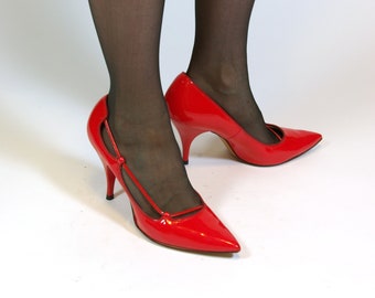 Vintage Red Vinyl Pumps, US Size 7.5, Rockabilly Pinup