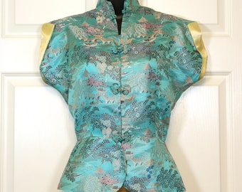 1950s Aqua Blue Asian Brocade Peplum Waist Blouse VLV Burlesque Midcentury