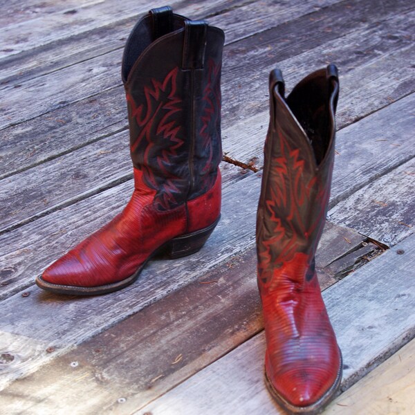 Vintage Justin Cowboy-Stiefel Rote Flamme Stitch Leder, Reptil-Detail, US Frauen 7.5