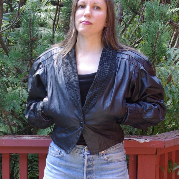 SALE 50% OFF Black Leather Crop Jacket Batwing High Waist Retro 80s/90s