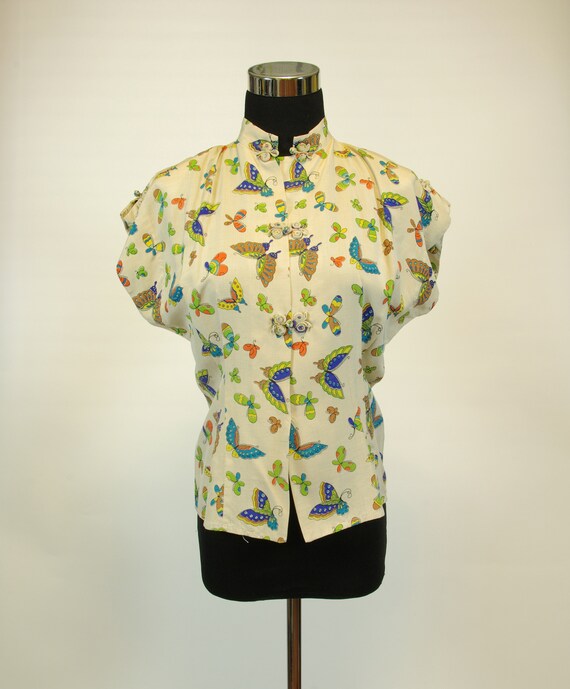 Butterfly Blouse Beige Silk Asian Style 40s Novelt